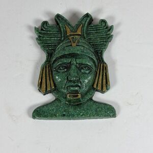 Vintage Mayan Aztec Warrior Wall Plaque Green Gold Resin Decor Storage F-16